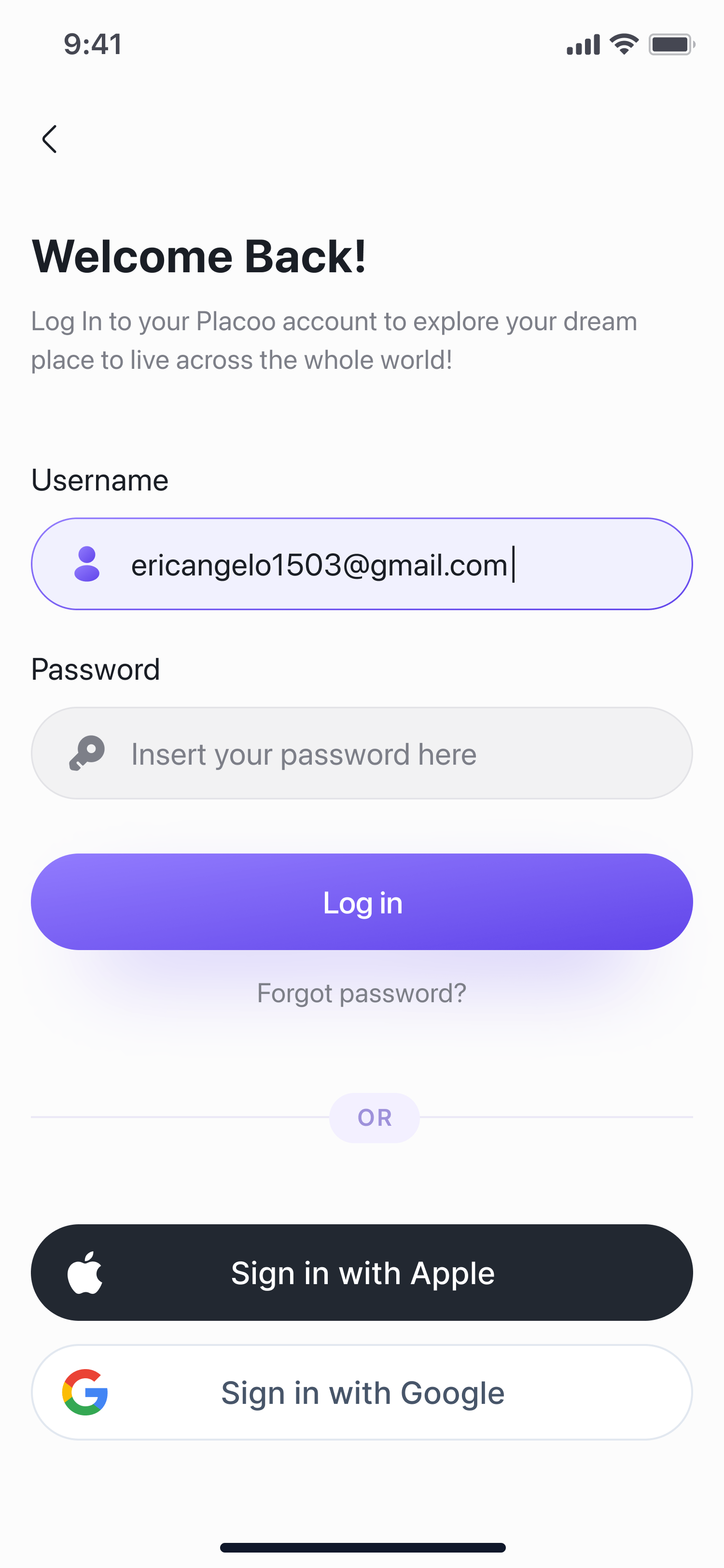 Login screen